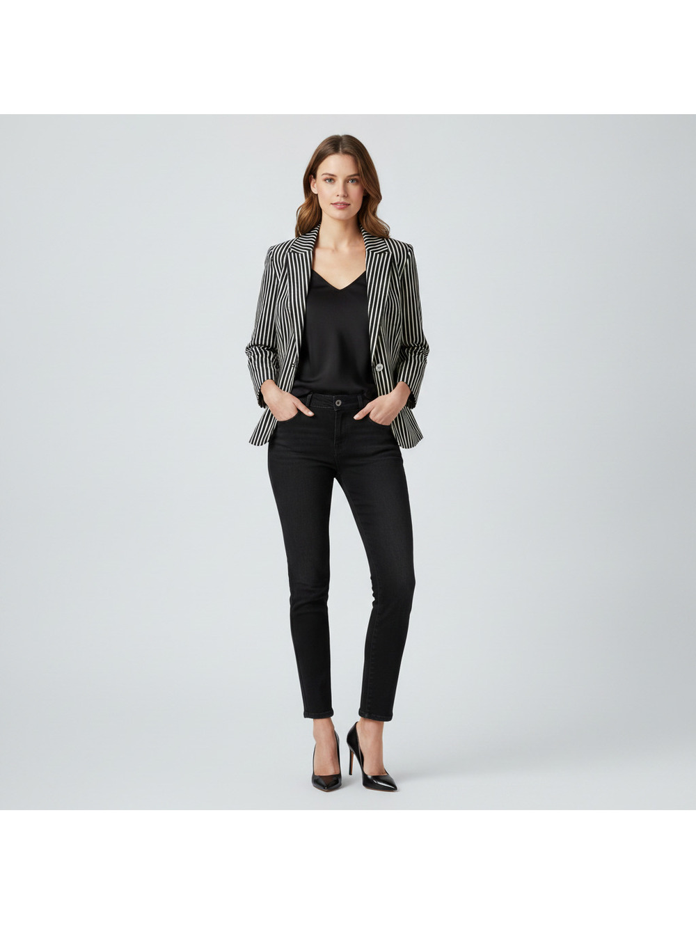 Chaps Women's Black and White Vertical Stripe Cotton Blazer Jacket Size M